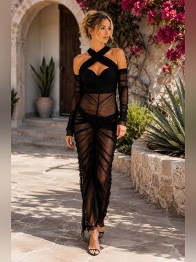 JW PEI Black Sheer Mesh Ruched Maxi Dress | Size 6 | Convertible Halter
